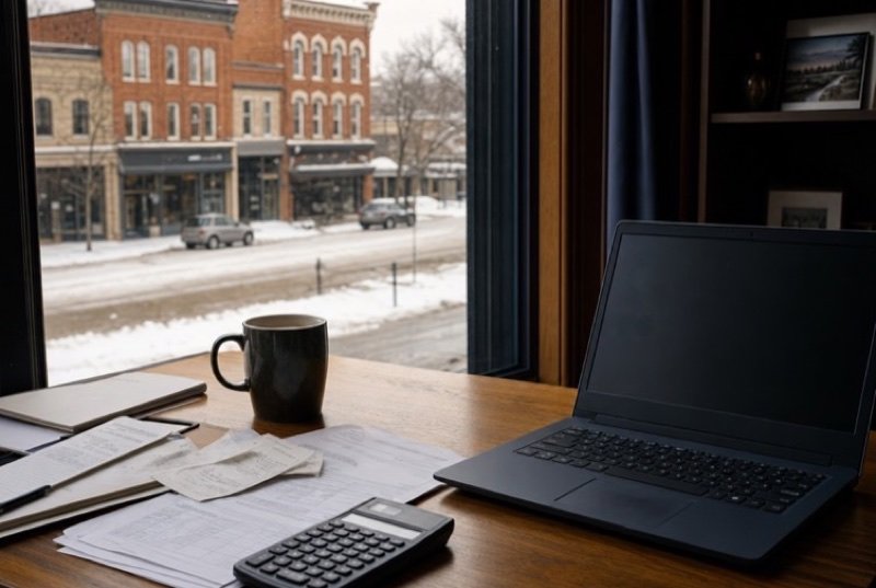 Calculator, laptop and paperwork neatly arranged by a window over a snow-covered street