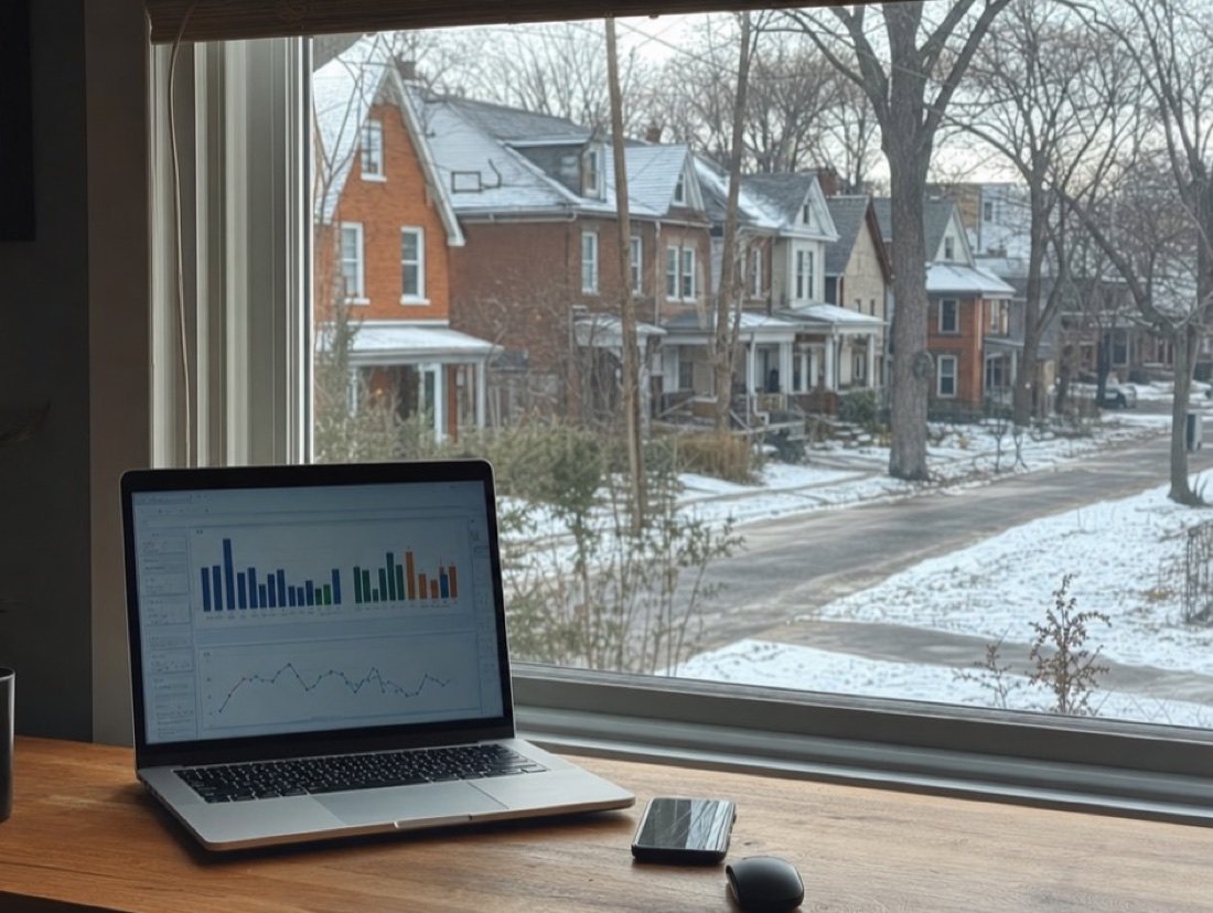 A laptop with bar and line charts on a wooden desk, a window looking onto snowy brick homes with porches