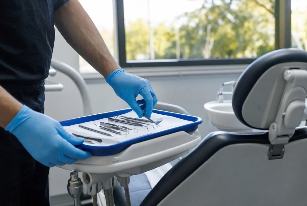 A clinician’s covered hands lining up instruments ahead of an appointment, the reclining seat beside them