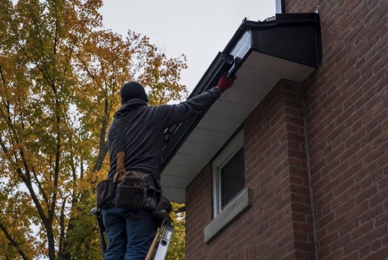 A worker on a ladder fitting a new gutter to an older red-brick house, autumn trees behind