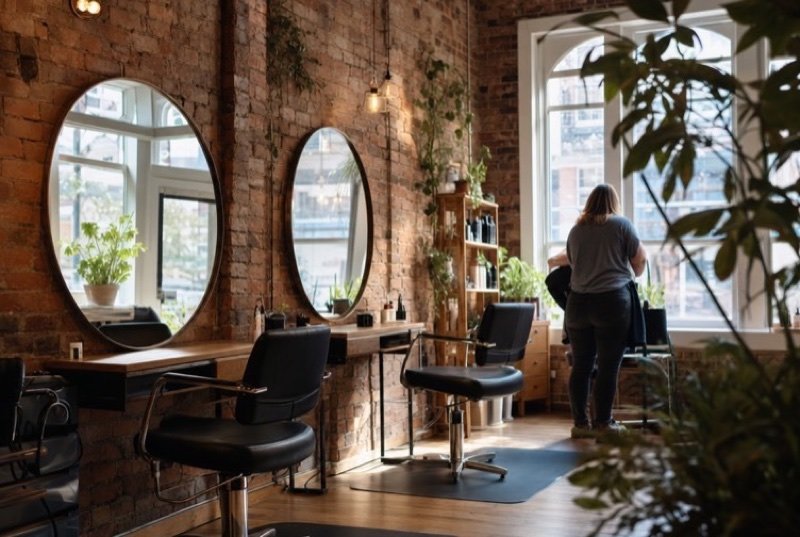 Styling chairs lined up under tall windows against bare red-brick walls, a beauty industry workspace