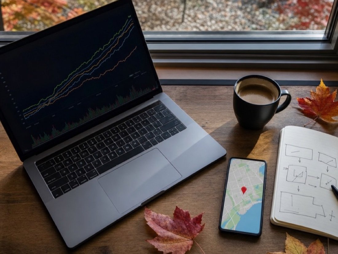 Ranking charts on a laptop and a map on a phone, the everyday tools of our Albany SEO services, with fall leaves strewn across the desk