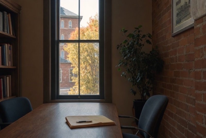 Folder of papers on a wooden table in a quiet brick-walled conference room, the kind of law office SEO Albany works with