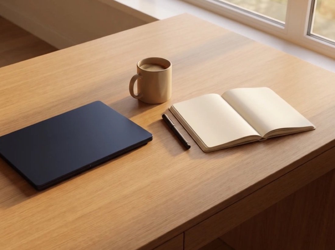 An open notebook, a pen, a mug of coffee and a closed laptop on a wooden desk in soft window light