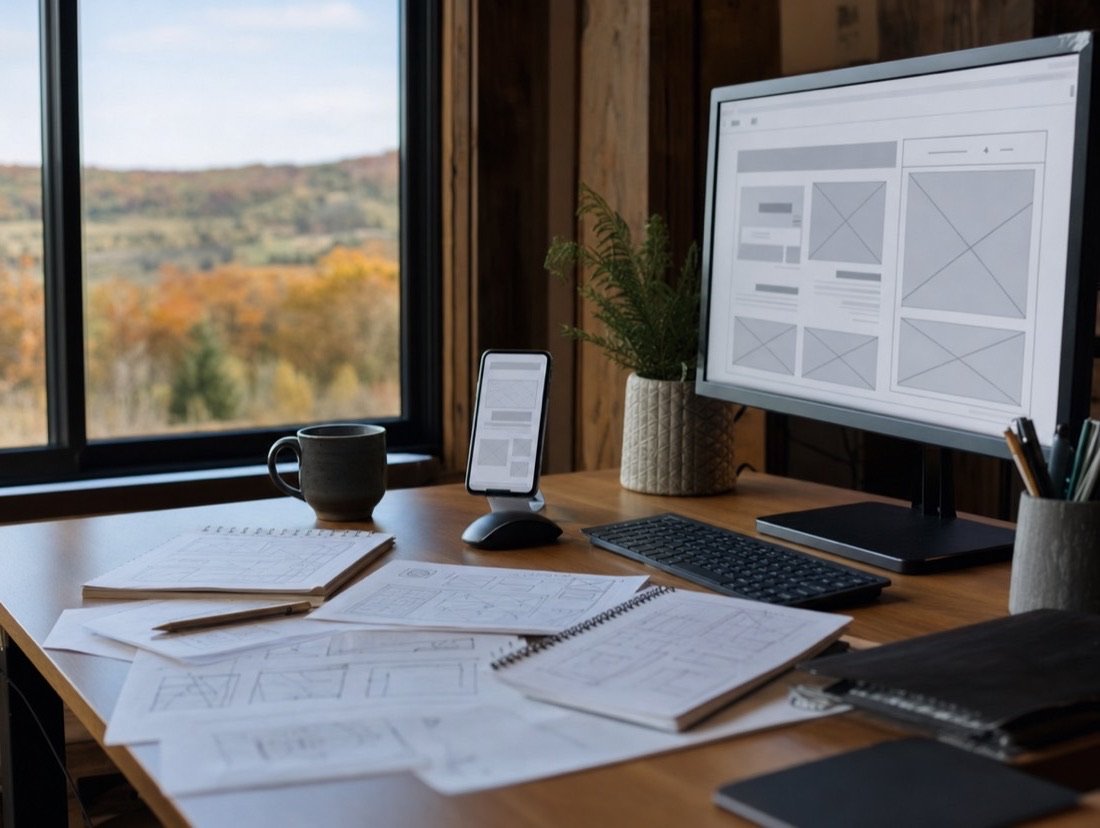 Monitor and phone displaying a page wireframe, printed sketches spread on the desk, fall leaves past the glass