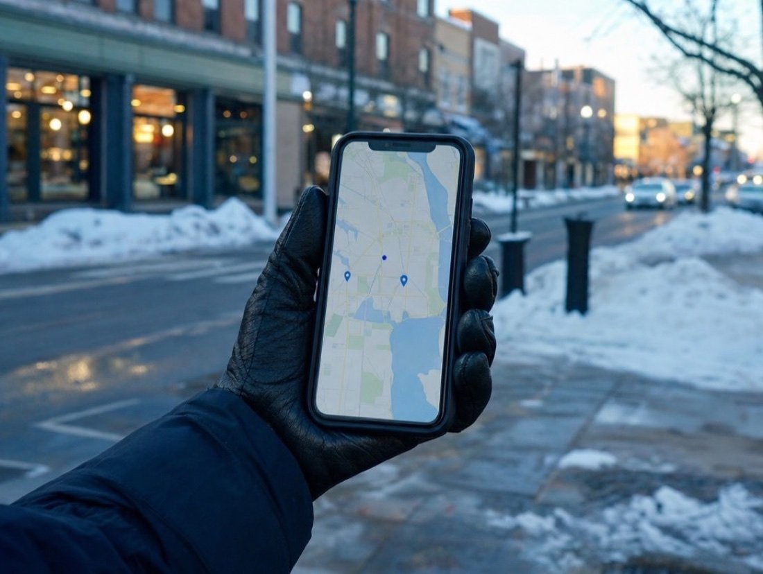 A gloved hand holding a phone with a map and a few pins, a snowy brick shopping street blurred behind