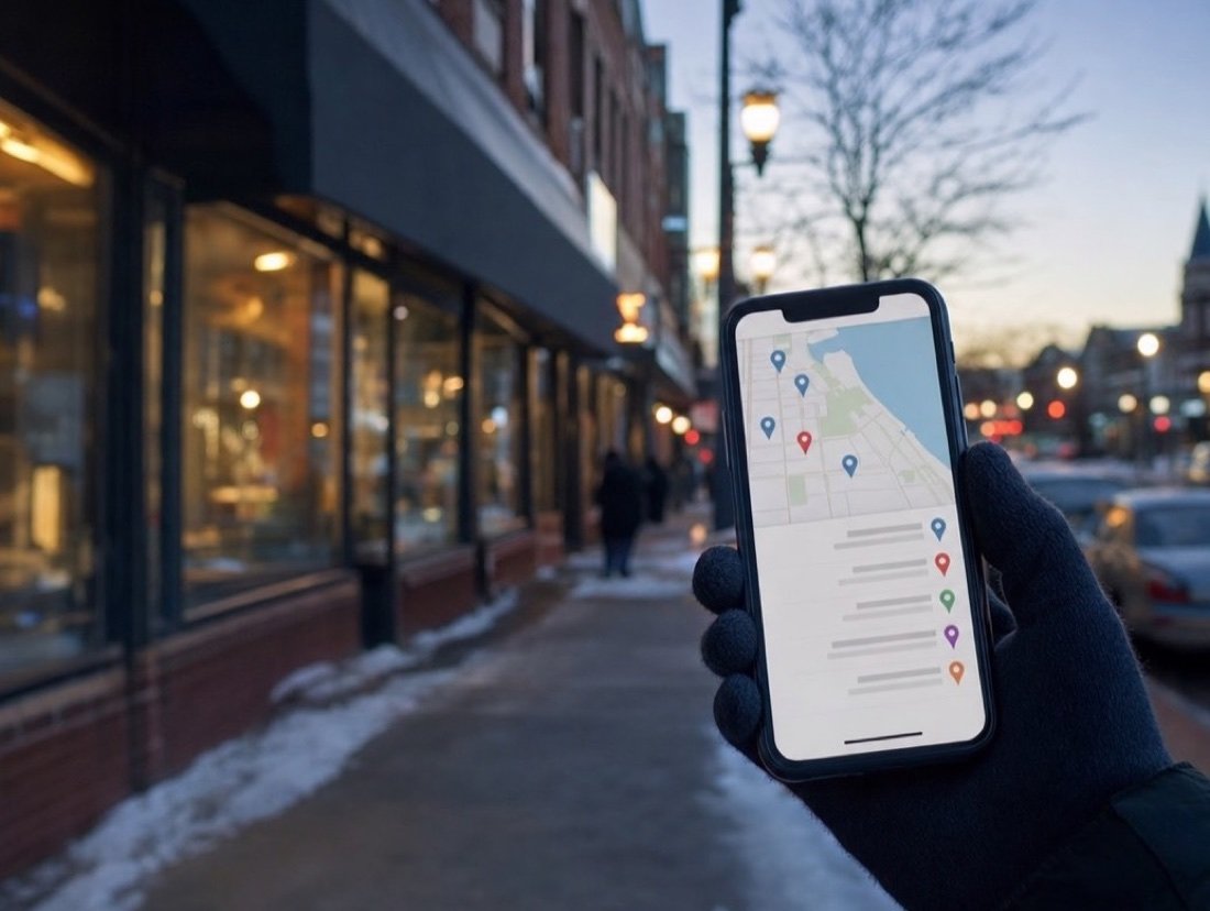 A phone in a gloved hand showing map pins and a list of nearby results, snowy storefronts glowing at dusk behind