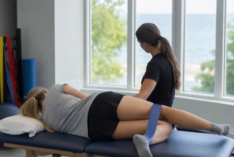 A patient’s knee exercise guided by a physical therapist who supports the leg, in a sunlit treatment room
