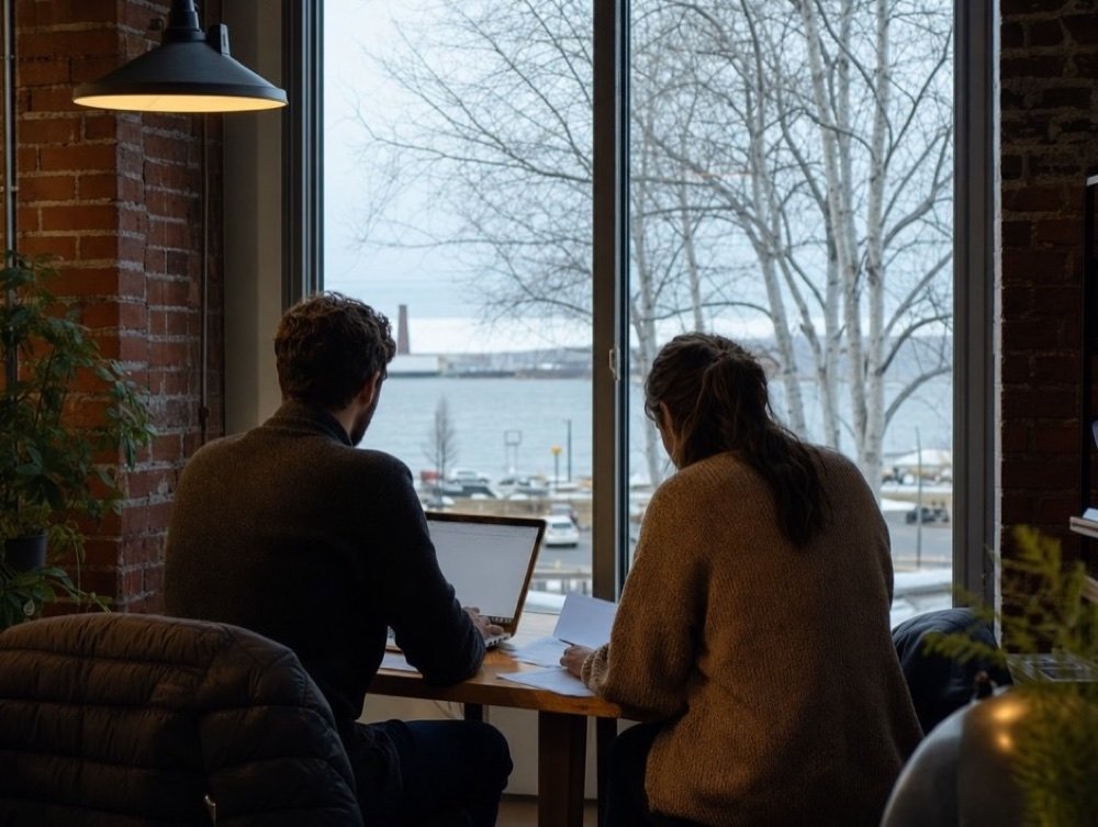 Two people in knit sweaters going over a laptop and printed notes, the way our Albany SEO company plans its work