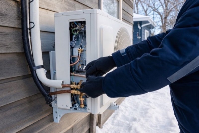 Gloved hands servicing an outdoor heat pump against a clapboard wall, fresh snow below, everyday work in the heating industry
