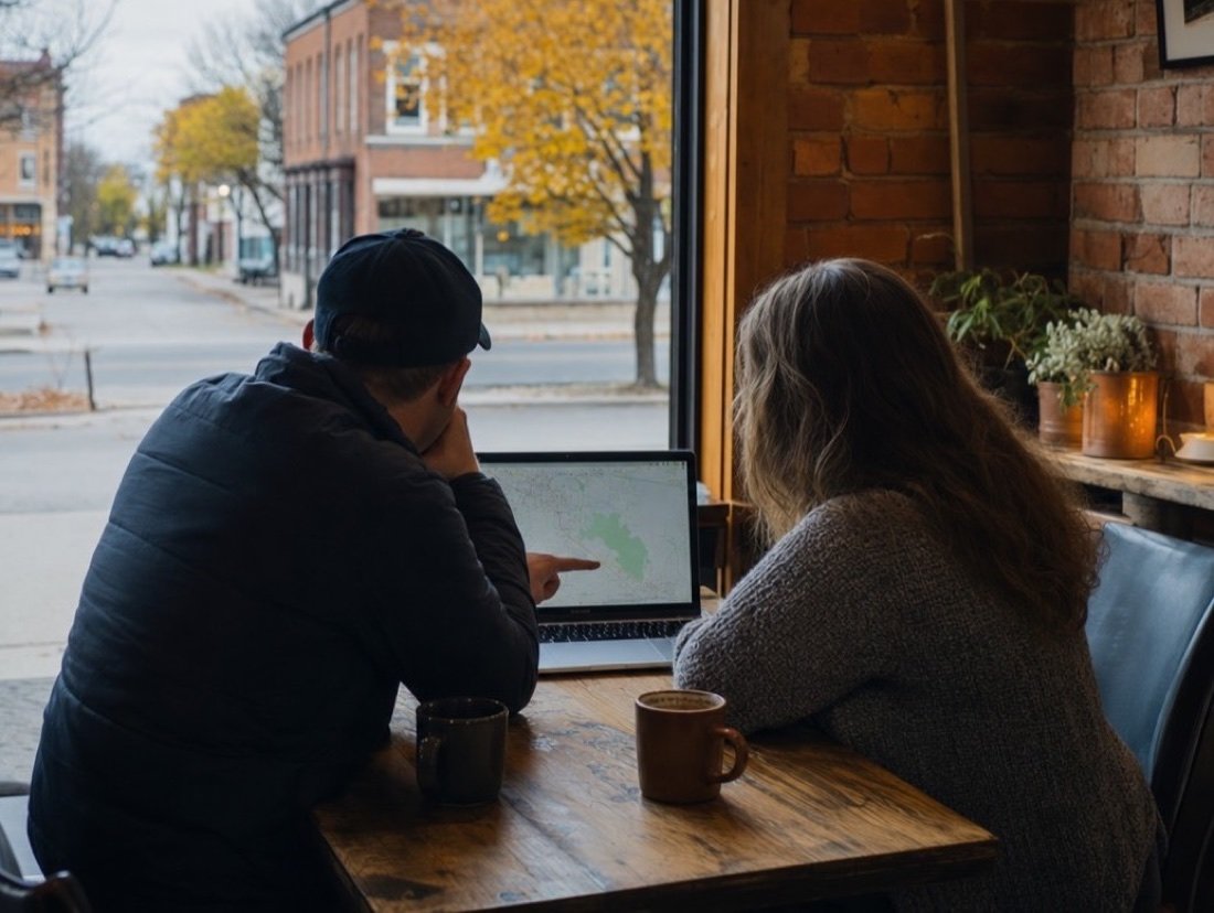 At a café table beside a tall window, two people study a map on a laptop next to an exposed brick wall