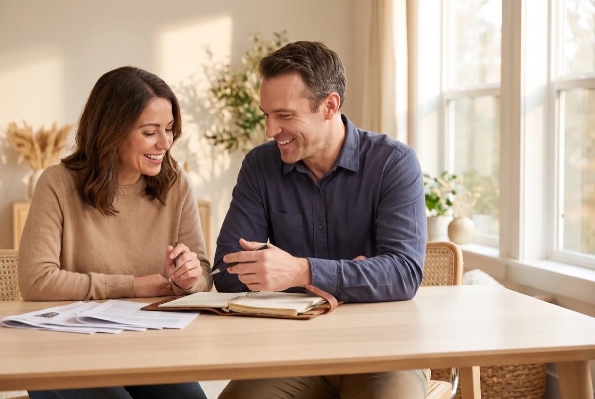 A man and a woman going over a notebook and printed pages at a light wooden table by a bright window