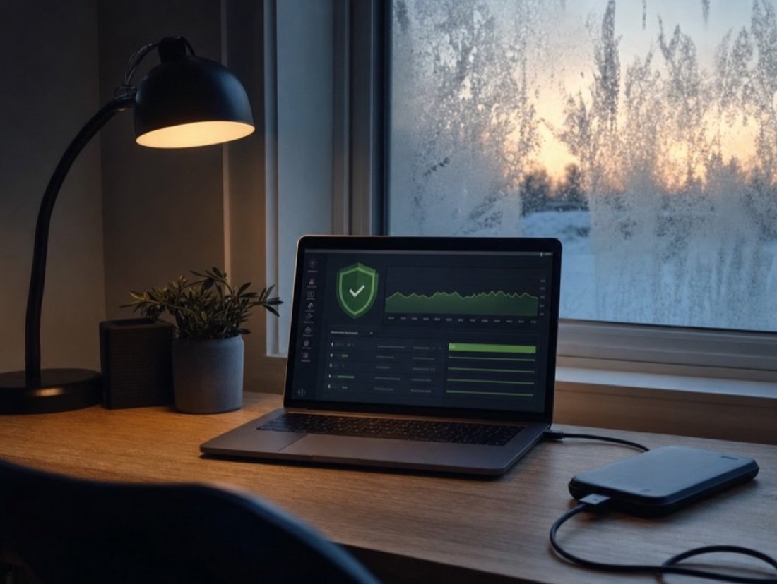 Shield and uptime chart on a laptop screen, an external drive beside it and frost on the dawn window
